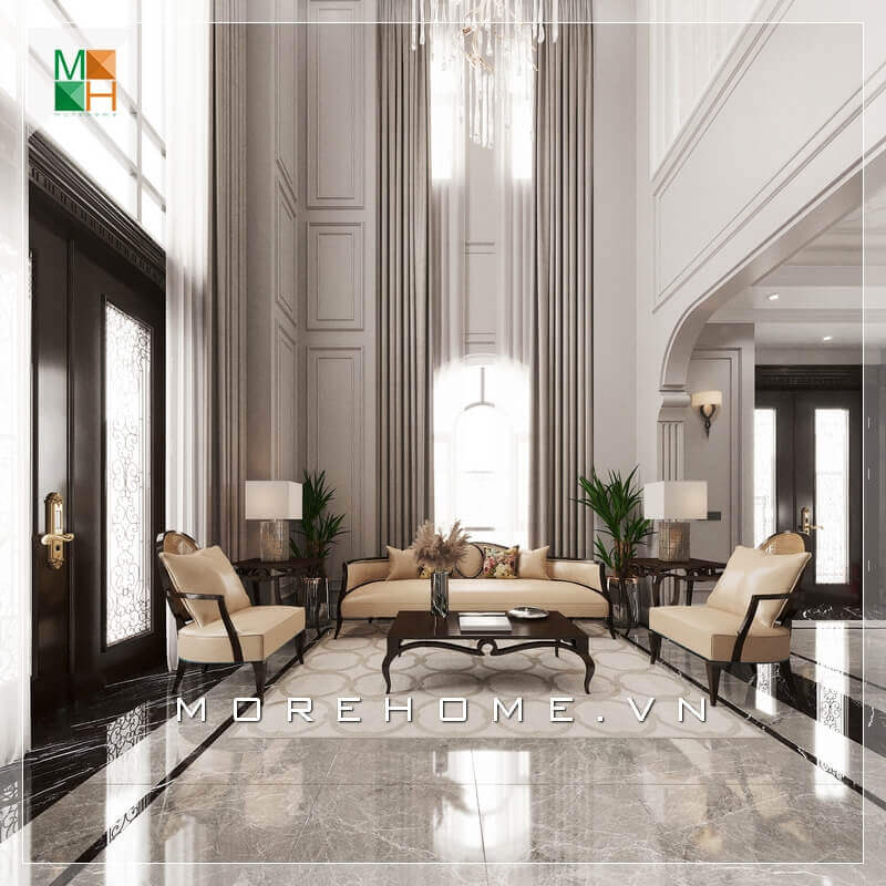 Thiết kế không gian phòng khách tân cổ điển rộng và đẳng cấp với mẫu bàn ghế phòng khách bàn gỗ tự nhiên cao cấp, ghế sofa bọc da sang trọng. Mẫu nội thất biệt thự đẹp