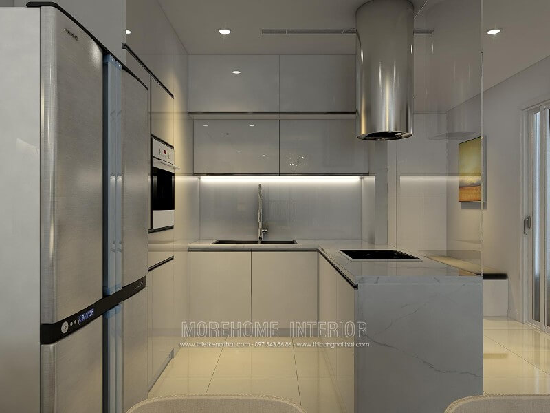 Tủ bếp gỗ Acrylic với gam màu trắng chủ đạo luôn là sự lựa chọn hoàn hảo cho các căn hộ chung cư nhỏ giúp cơi nới không gian trở nên rộng thoáng mà tinh tế hơn Tủ bếp màu trắng và màu nâu đẹp