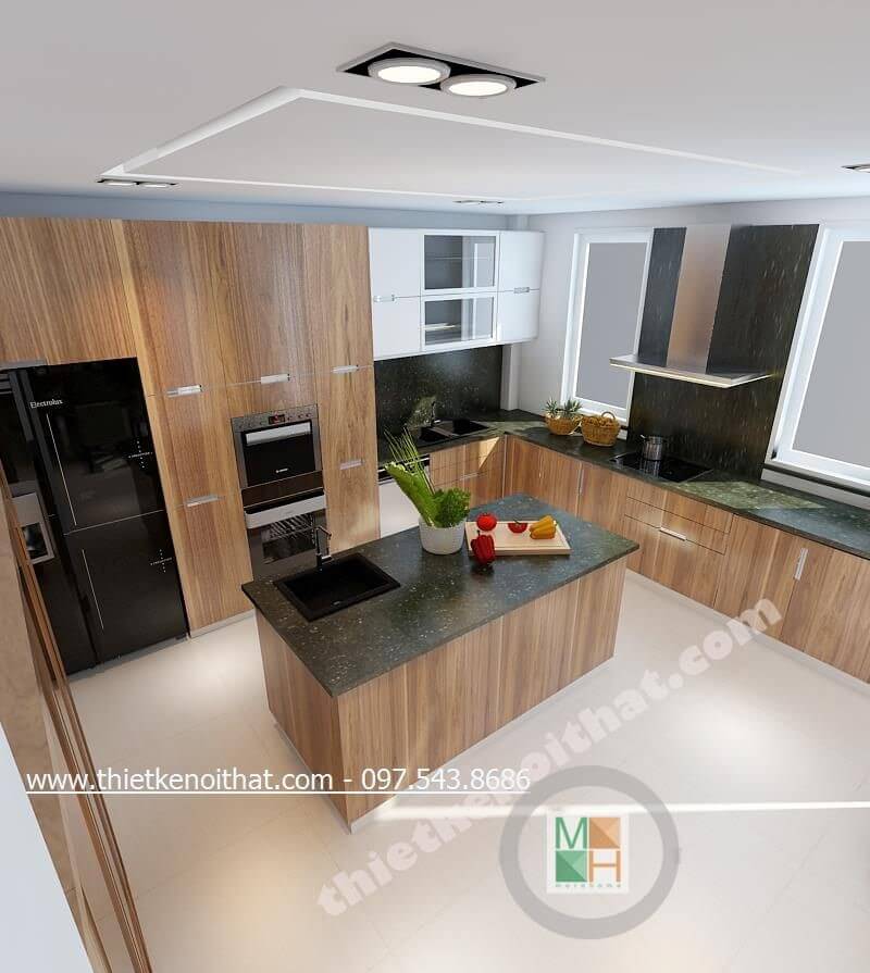 Mẫu tủ bếp gỗ công nghiệp với tone màu nâu sáng hiện đại mang lại không gian thoải mái, sạch sẽ cho người nội trợ Tủ bếp màu trắng và màu nâu đẹp