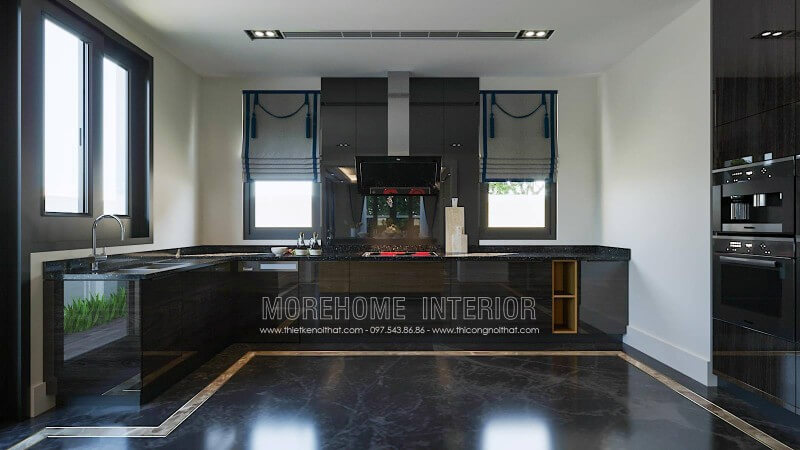 Đây là mẫu tủ bếp chữ L hiện đại được thiết kế sang trọng với chất liệu gỗ công nghiệp bề mặt acrylic bóng gương, đá ốp mặt bàn bếp Tủ bếp gỗ công nghiệp và tủ bếp acrylic