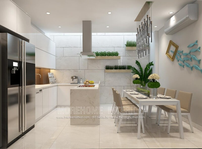 Mẫu tủ bếp gỗ công nghiệp nhẹ nhàng kết hợp màu trắng chủ đạo mang lại không gian nhà bếp hiện đại và rộng rãi hơn Tủ bếp gỗ công nghiệp và tủ bếp acrylic