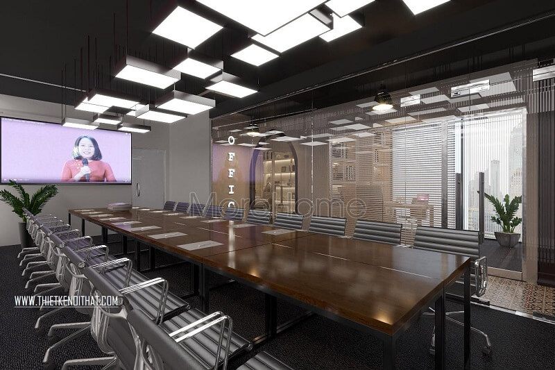 Đồ nội thất văn cao cấp: bàn dài gỗ công nghiệp với ghế đơn chân inox tạo nên một không gian làm việc hiên đại, tiện nghi