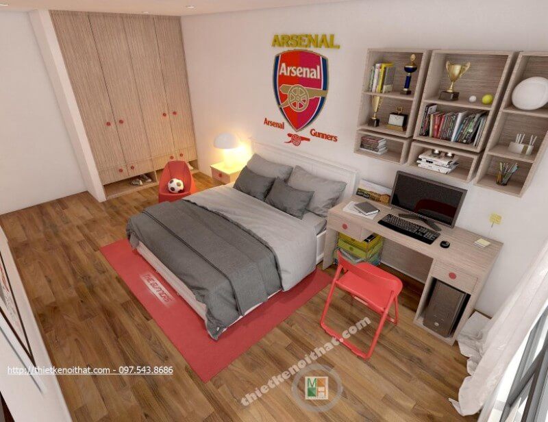 Bàn làm việc gỗ công nghiệp được thiết kế liền kề với giường ngủ, gia chủ có thể làm việc và nghỉ ngơi thoải mái, nhanh chóng hơn