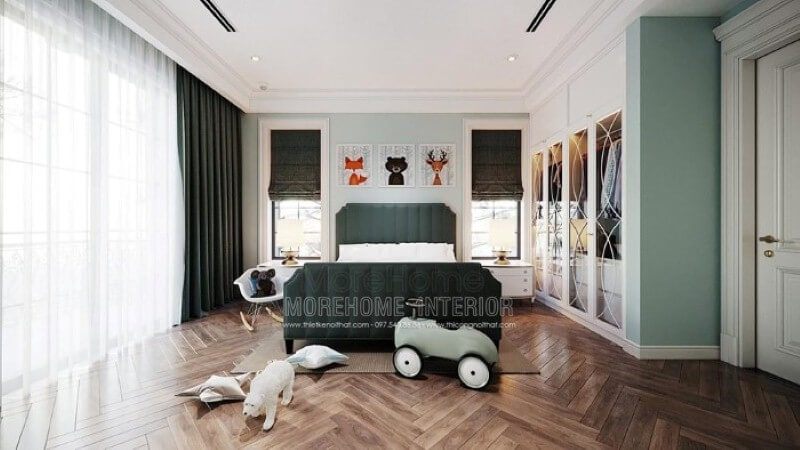Giường ngủ cho con trai đẹp với thiết kế bọc nệm độc đáo cùng sắc xanh ấn tượng tạo điểm nhấn nổi bật cho toàn bộ không gian.