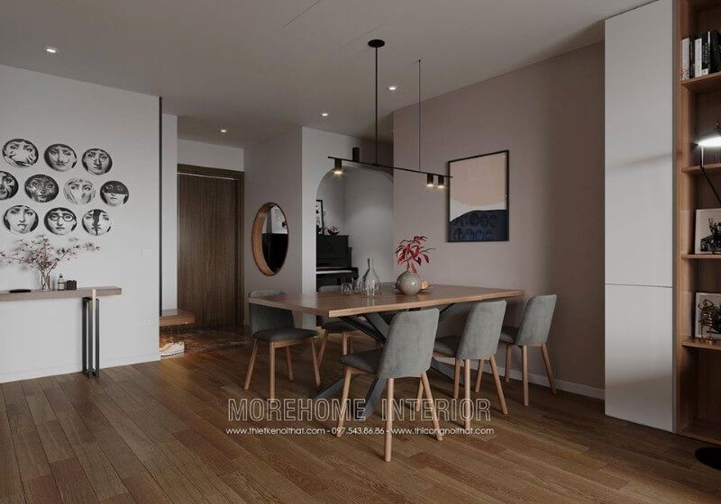 Bàn ăn gỗ công nghiệp đơn giản nhưng có vẻ đẹp tinh tế.